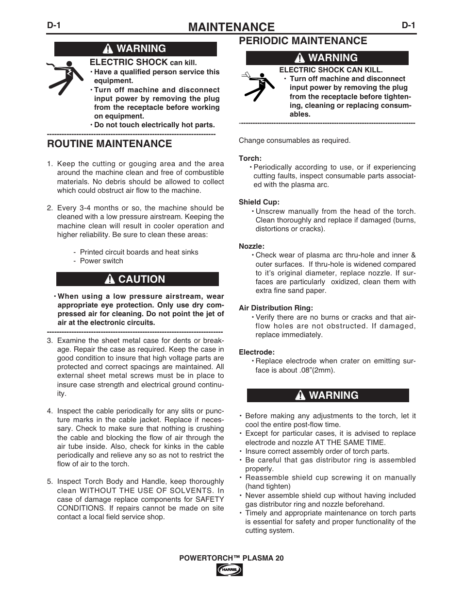 Maintenance, Periodic maintenance, Routine maintenance | Warning, Warning caution warning | Lincoln Electric IM944 POWERTORCH PLASMA 20 User Manual | Page 16 / 24