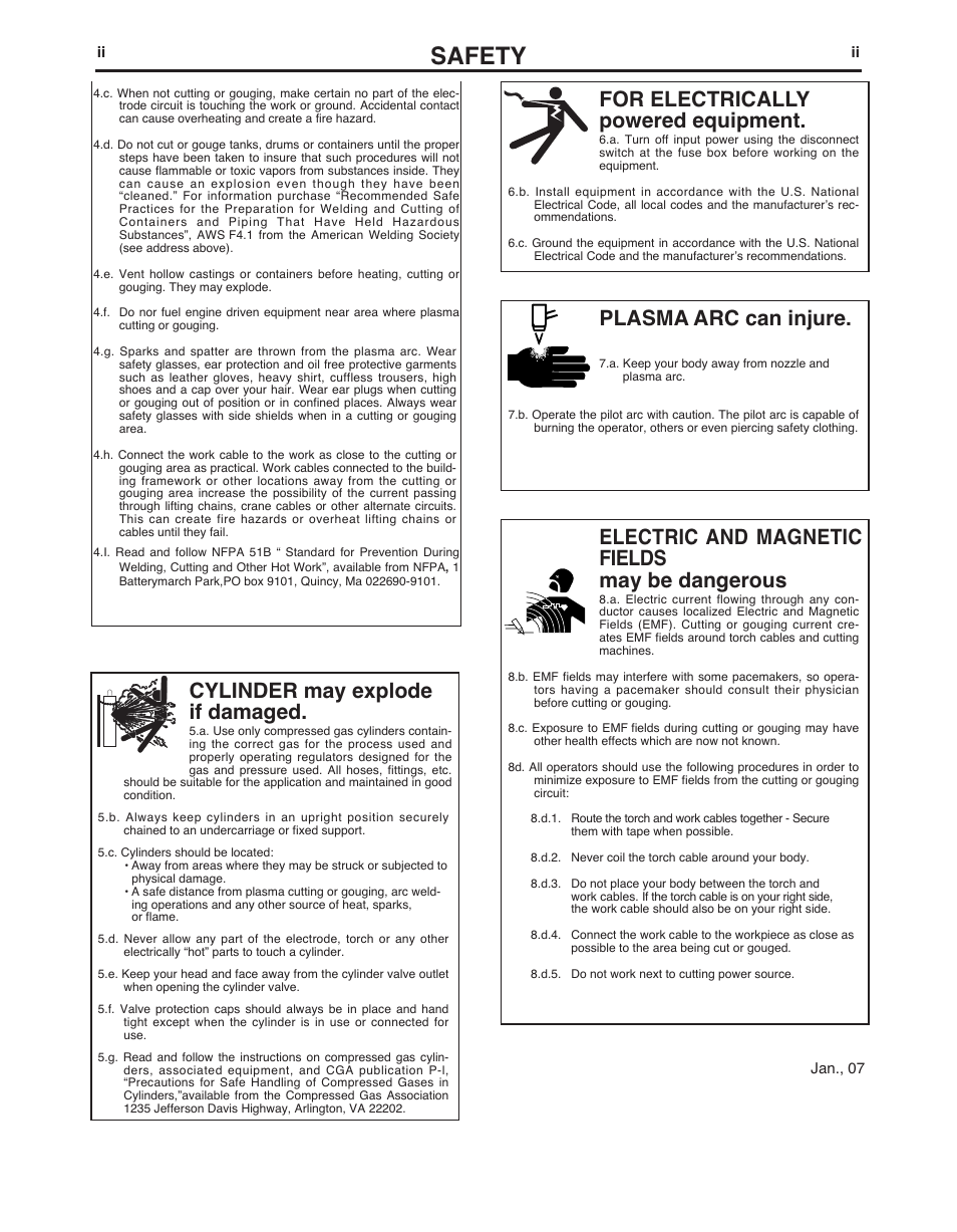 Safety, For electrically powered equipment, Cylinder may explode if damaged | Electric and magnetic fields may be dangerous, Plasma arc can injure | Lincoln Electric IM944 POWERTORCH PLASMA 20 User Manual | Page 3 / 24