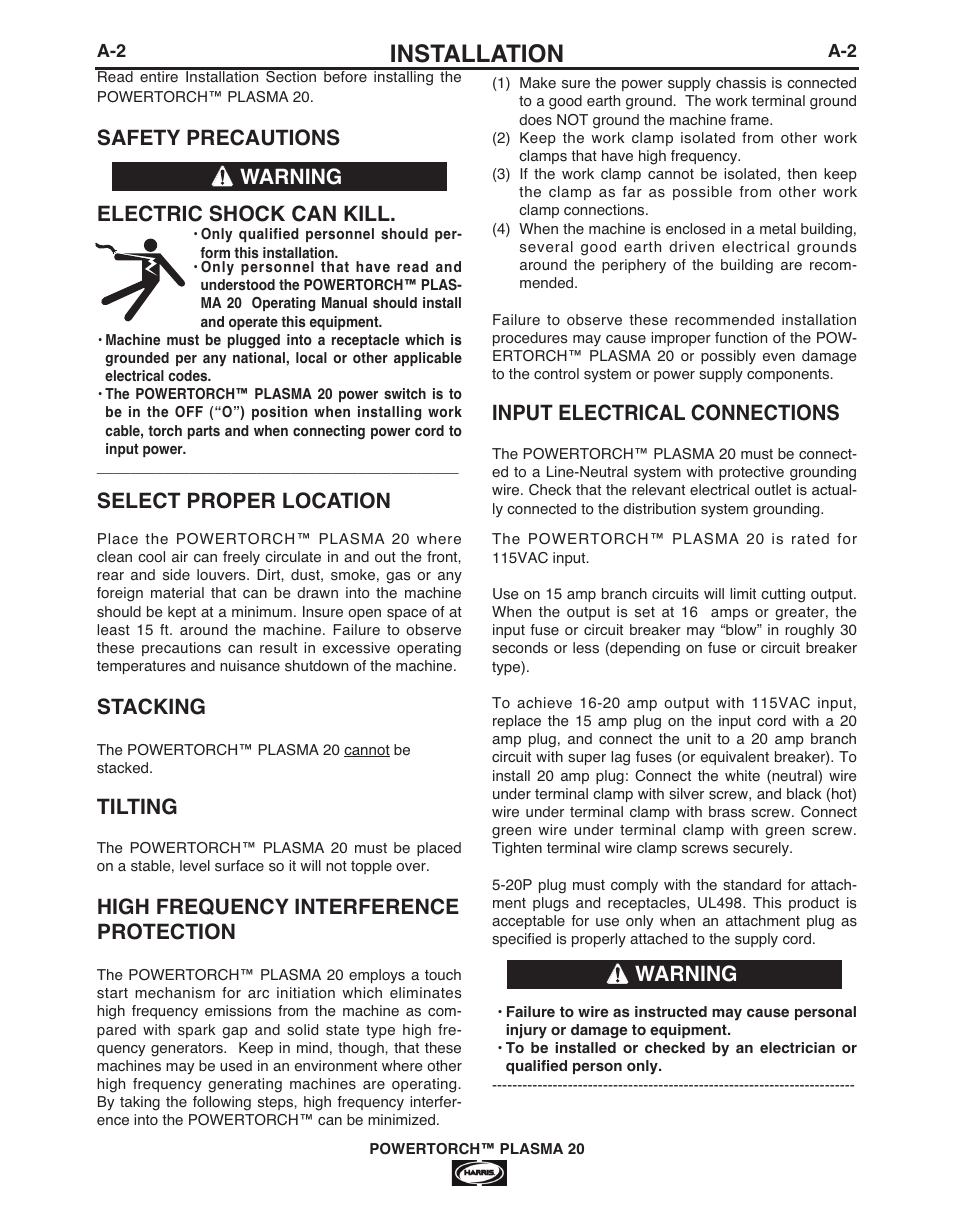 Installation, Safety precautions electric shock can kill, Select proper location | Stacking, Tilting, High frequency interference protection, Input electrical connections, Warning | Lincoln Electric IM944 POWERTORCH PLASMA 20 User Manual | Page 8 / 24
