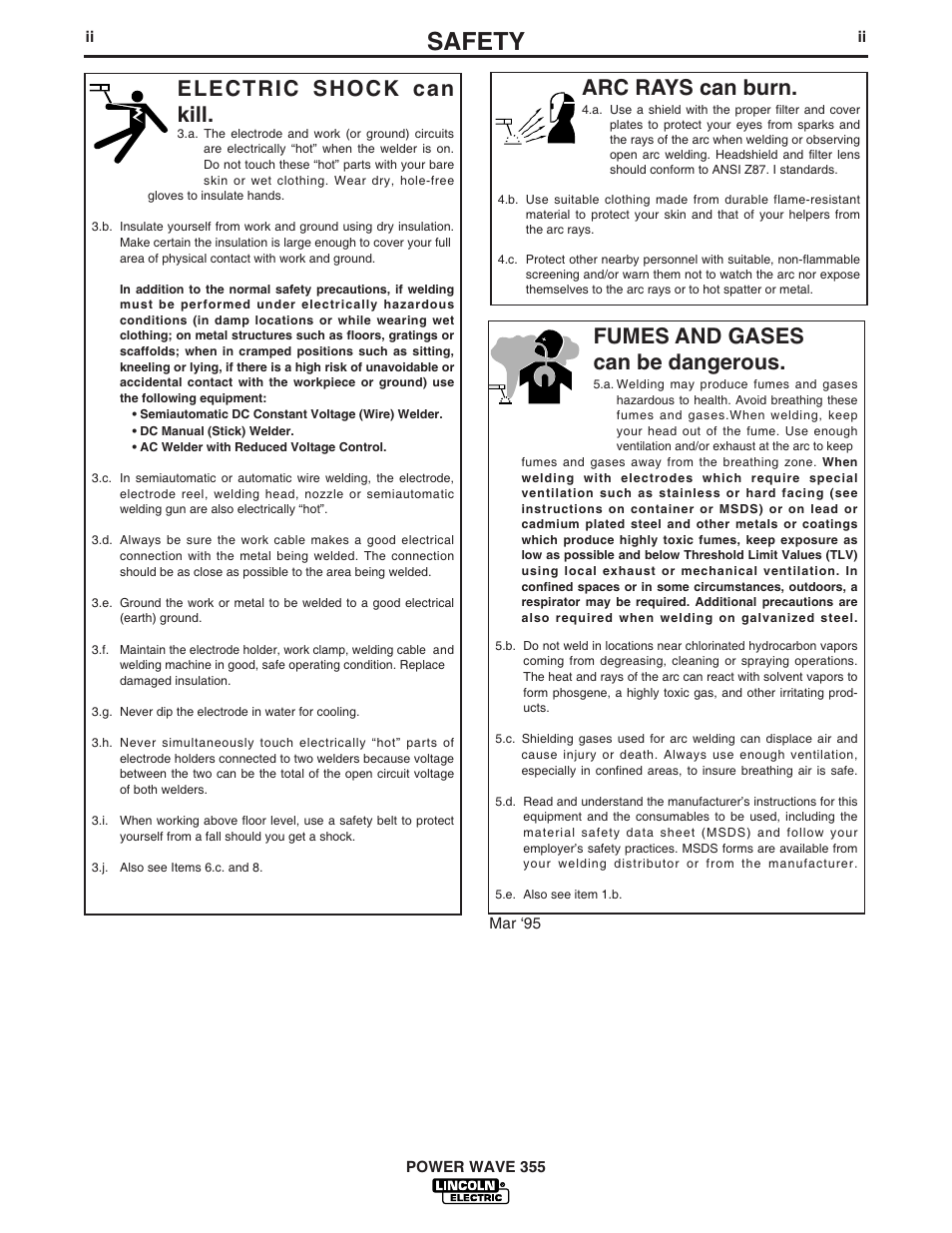 Safety, Arc rays can burn, Electric shock can kill | Fumes and gases can be dangerous | Lincoln Electric IM745 POWER WAVE 355 User Manual | Page 3 / 41