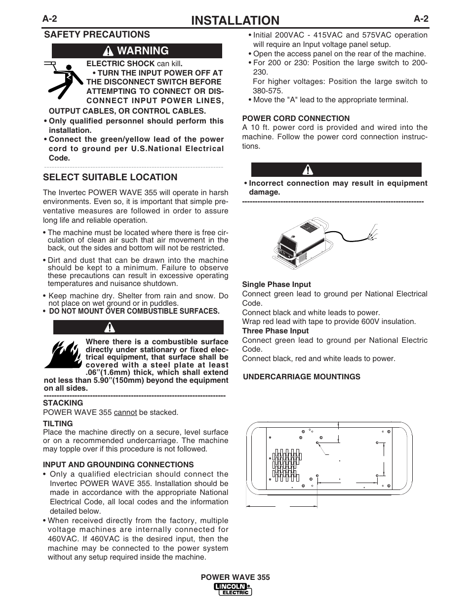 Installation, Warning, Caution | A-2 select suitable location, Safety precautions | Lincoln Electric IM745 POWER WAVE 355 User Manual | Page 9 / 41