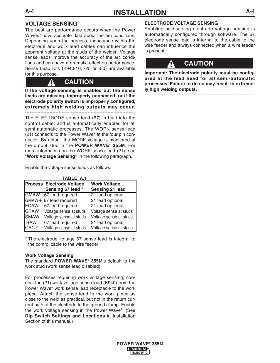 Installation, Caution | Lincoln Electric IM845 POWER WAVE 355M User Manual | Page 11 / 42