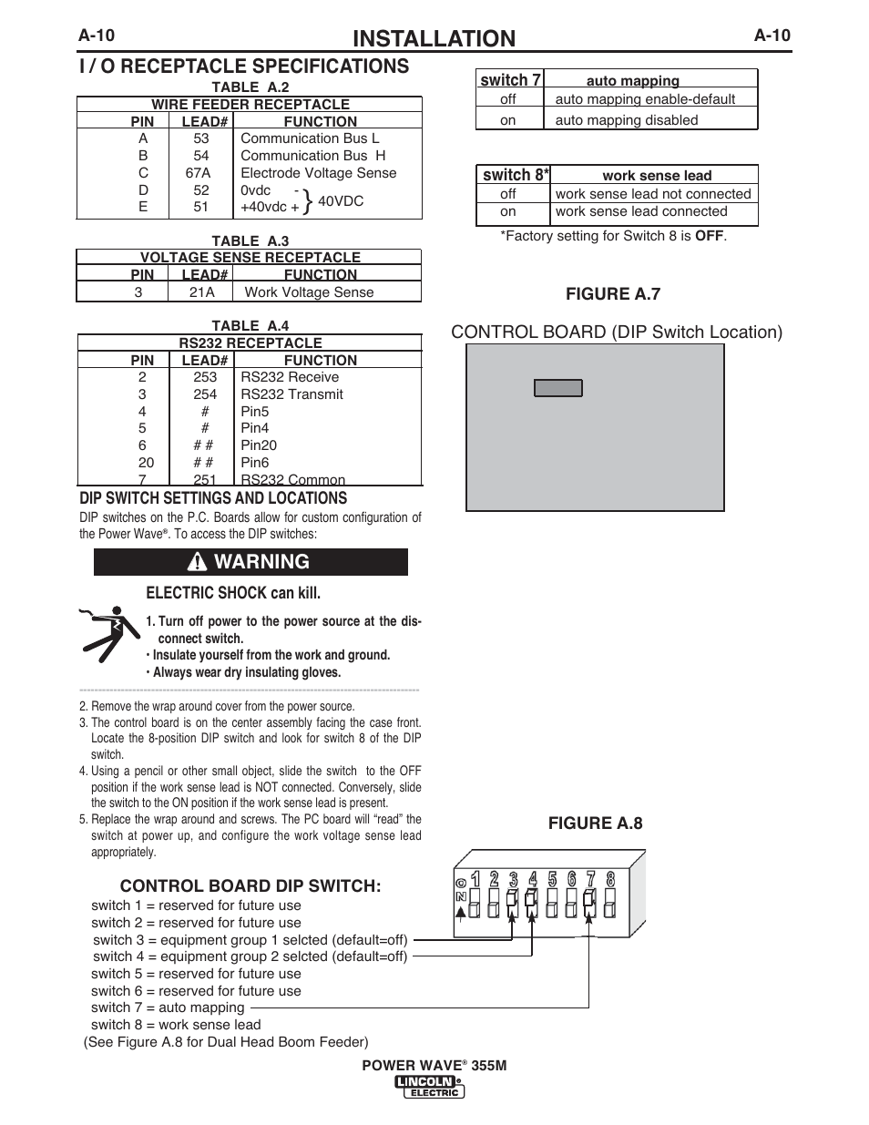 Installation, I / o receptacle specifications, Warning | Control board (dip switch location) | Lincoln Electric IM845 POWER WAVE 355M User Manual | Page 17 / 42