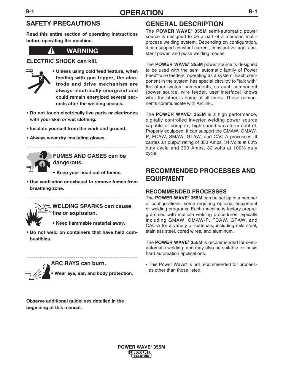 Operation, General description, Recommended processes and equipment | Safety precautions, Warning | Lincoln Electric IM845 POWER WAVE 355M User Manual | Page 18 / 42