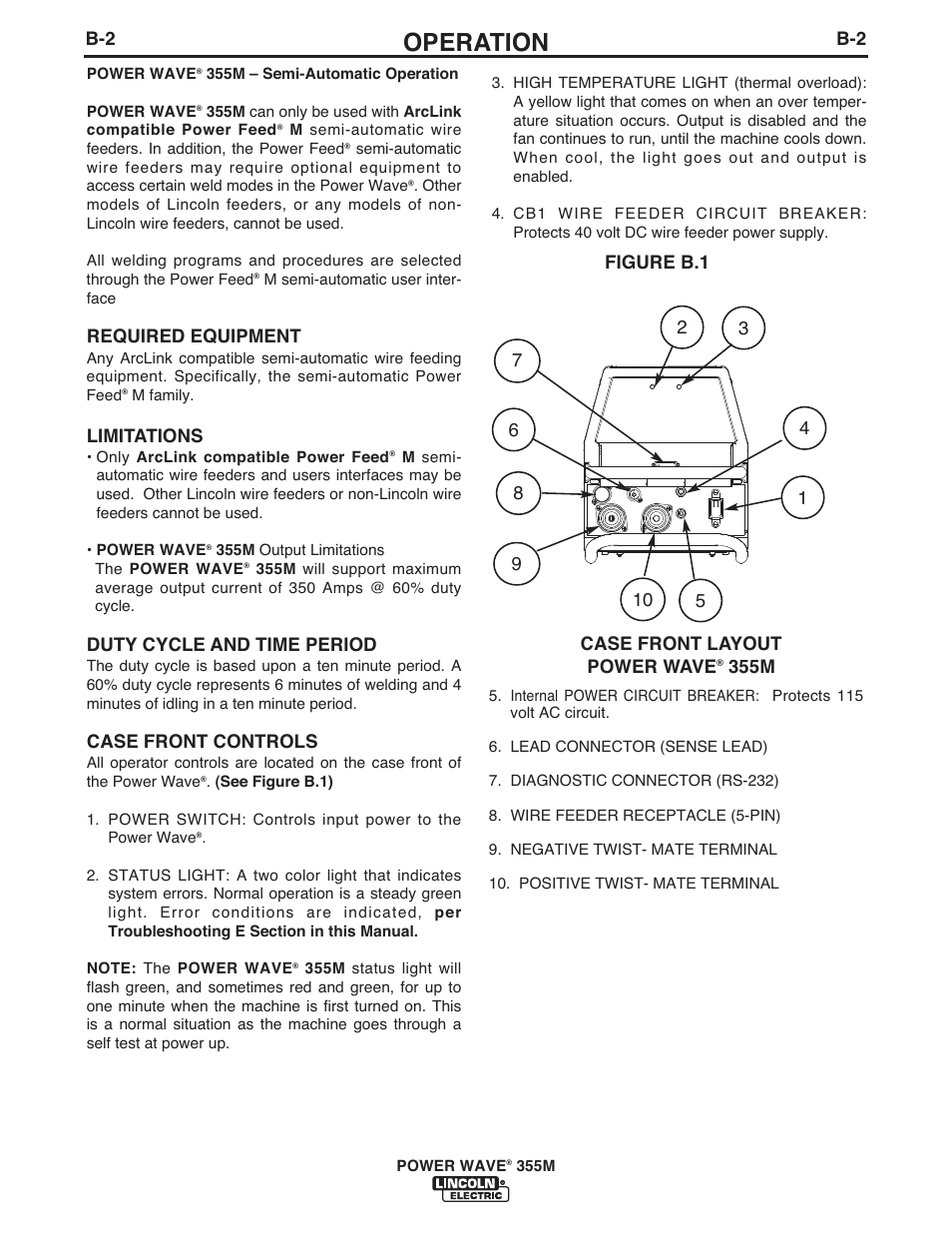 Operation, 355m, Required equipment | Limitations, Duty cycle and time period, Case front controls | Lincoln Electric IM845 POWER WAVE 355M User Manual | Page 19 / 42