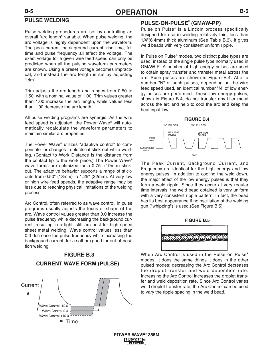 Operation, Pulse-on-pulse, Gmaw-pp) | Pulse welding, Figure b.3 current time current wave form (pulse) | Lincoln Electric IM845 POWER WAVE 355M User Manual | Page 22 / 42