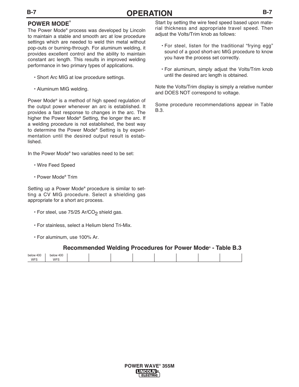 Operation, Power mode, Recommended welding procedures for power mode | Table b.3 | Lincoln Electric IM845 POWER WAVE 355M User Manual | Page 24 / 42