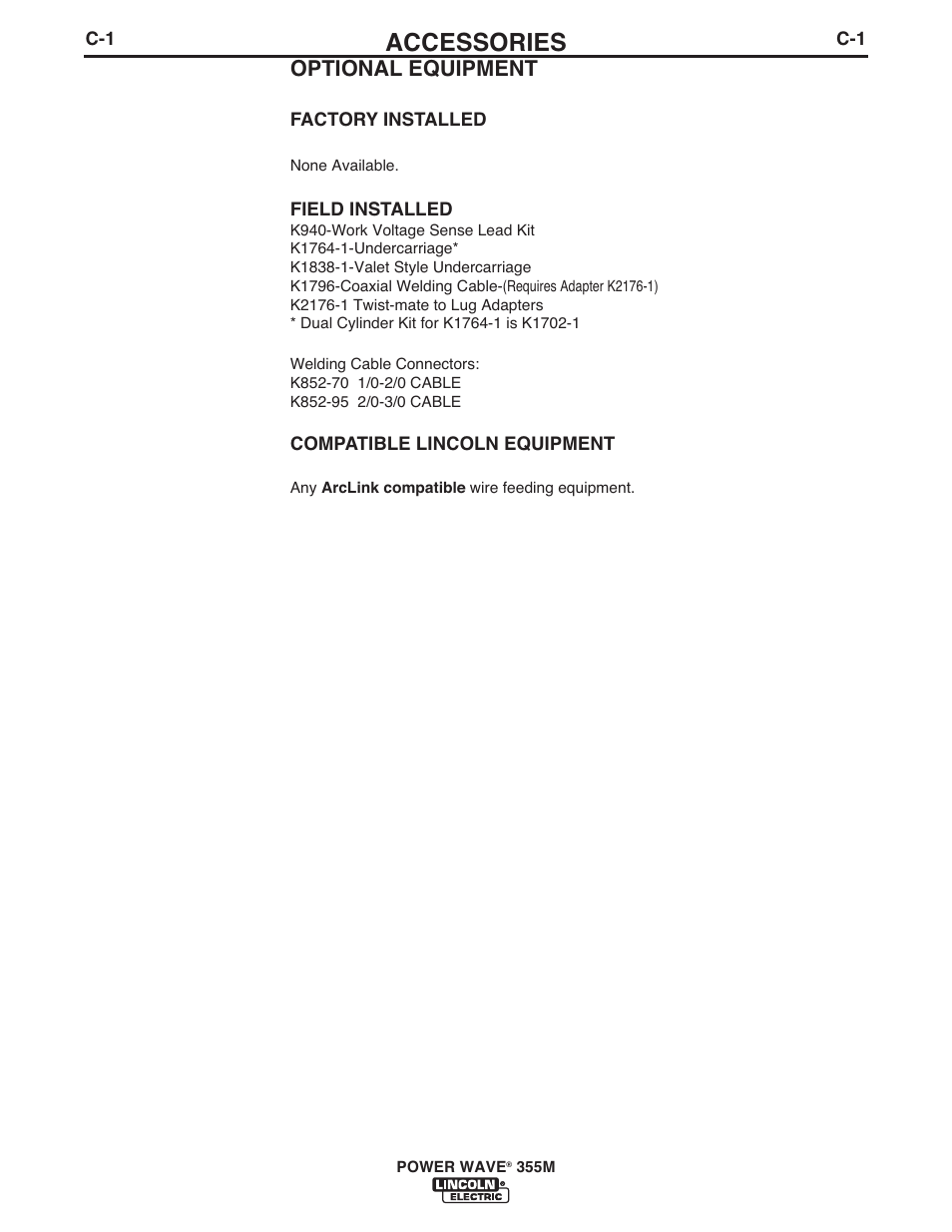 Accessories, Optional equipment | Lincoln Electric IM845 POWER WAVE 355M User Manual | Page 25 / 42