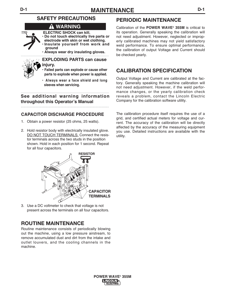 Maintenance, Safety precautions, Routine maintenance | Periodic maintenance, Calibration specification, Warning | Lincoln Electric IM845 POWER WAVE 355M User Manual | Page 26 / 42