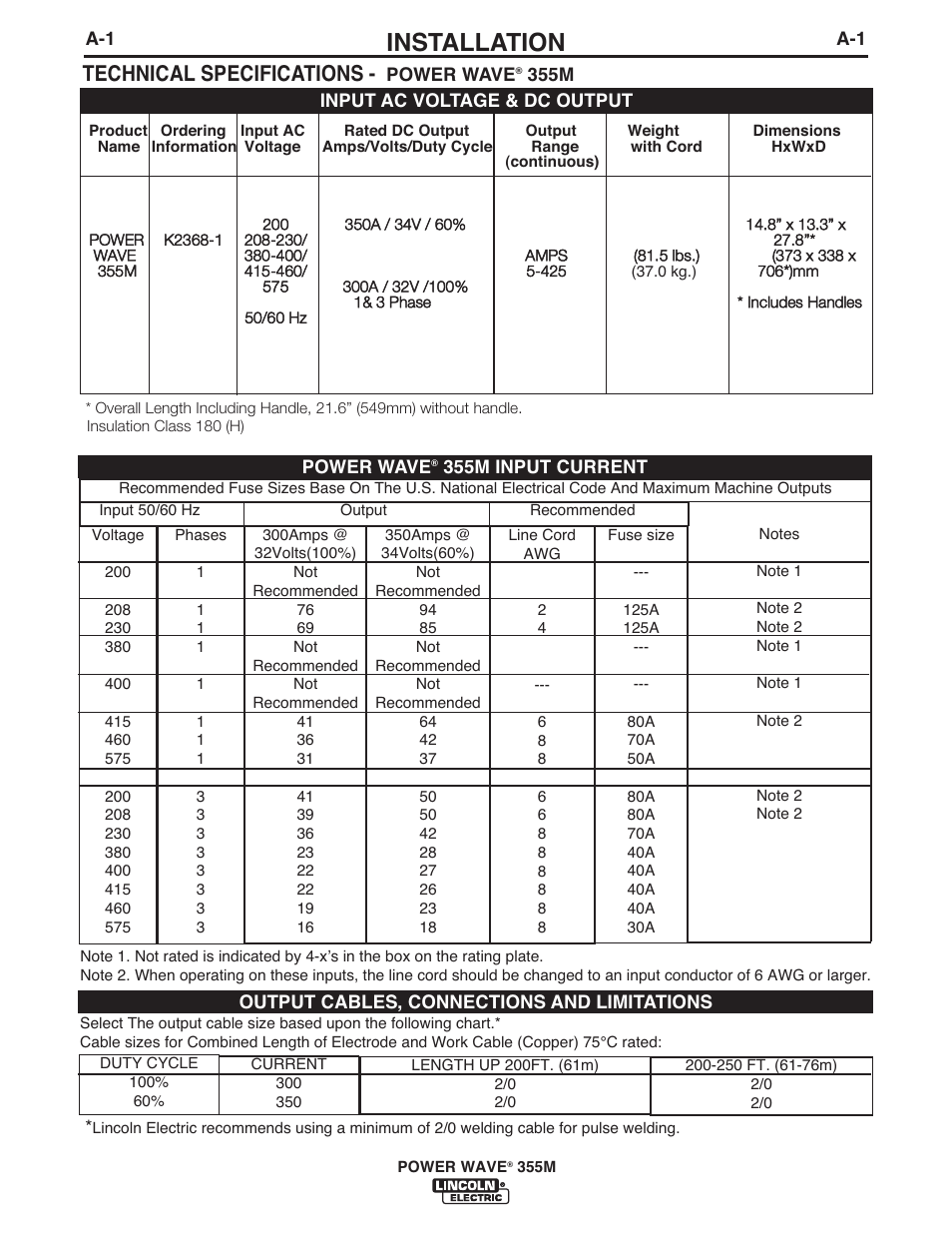 Installation, Technical specifications | Lincoln Electric IM845 POWER WAVE 355M User Manual | Page 8 / 42