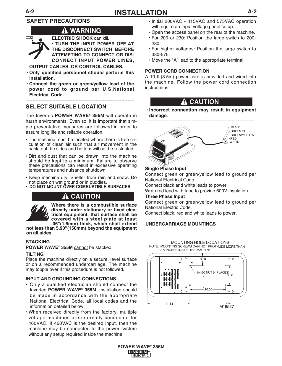 Installation, Warning, Caution | A-2 select suitable location, Safety precautions | Lincoln Electric IM845 POWER WAVE 355M User Manual | Page 9 / 42