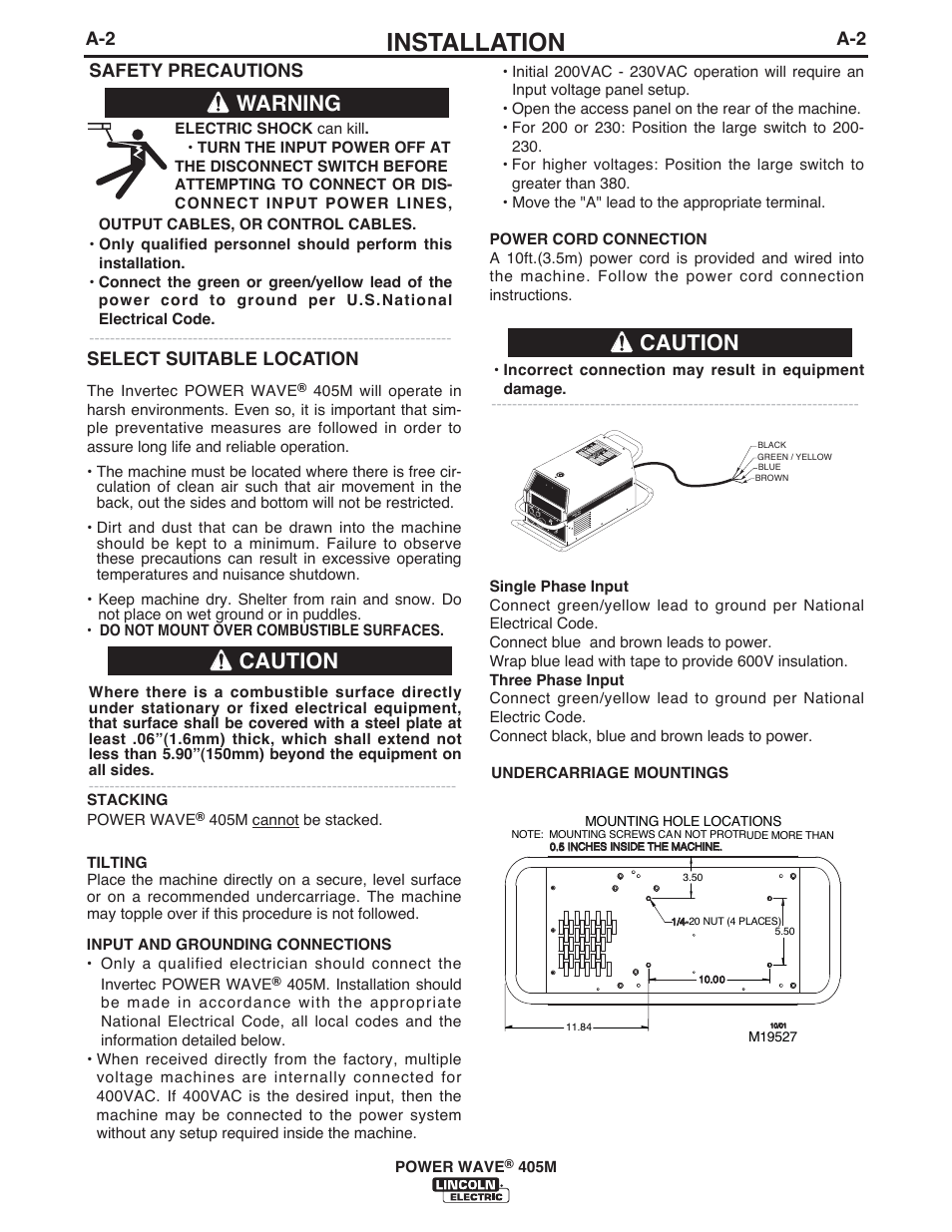 Installation, Warning, Caution | A-2 select suitable location, Safety precautions | Lincoln Electric IM846 POWER WAVE 405M User Manual | Page 11 / 42