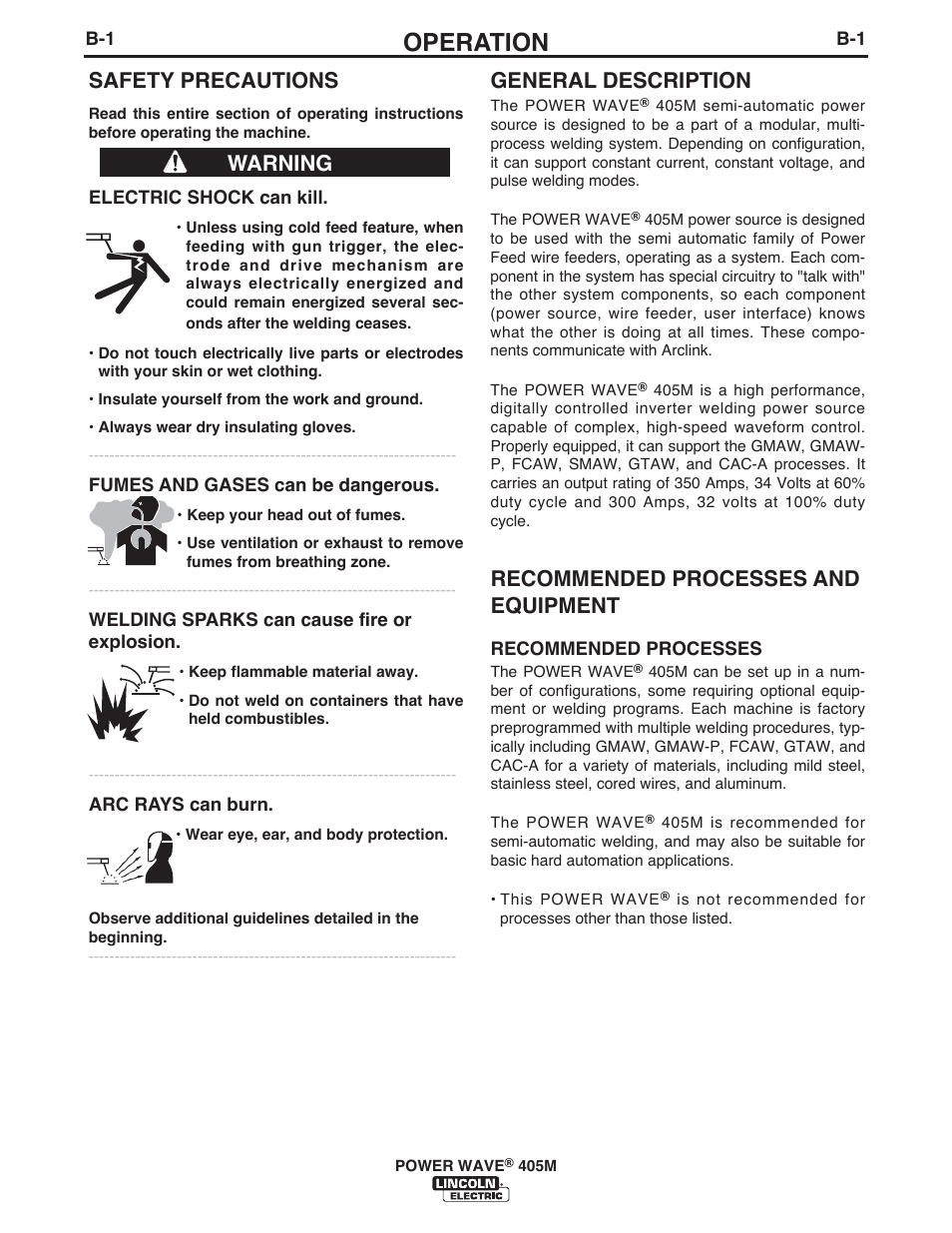 Operation, General description, Recommended processes and equipment | Safety precautions, Warning | Lincoln Electric IM846 POWER WAVE 405M User Manual | Page 19 / 42