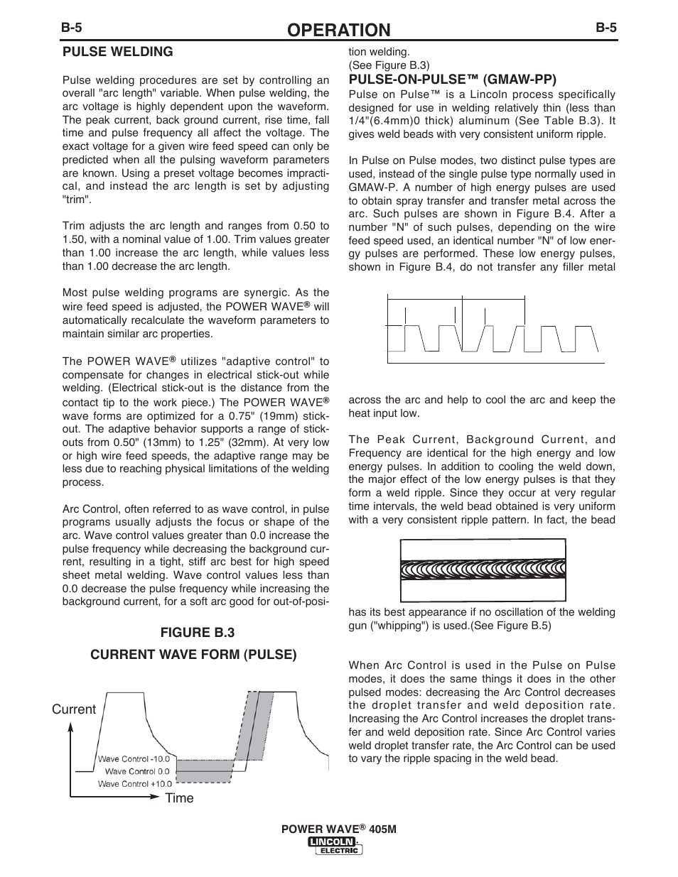 Operation, B-5 pulse welding, Figure b.3 current time current wave form (pulse) | Pulse-on-pulse™ (gmaw-pp) | Lincoln Electric IM846 POWER WAVE 405M User Manual | Page 23 / 42