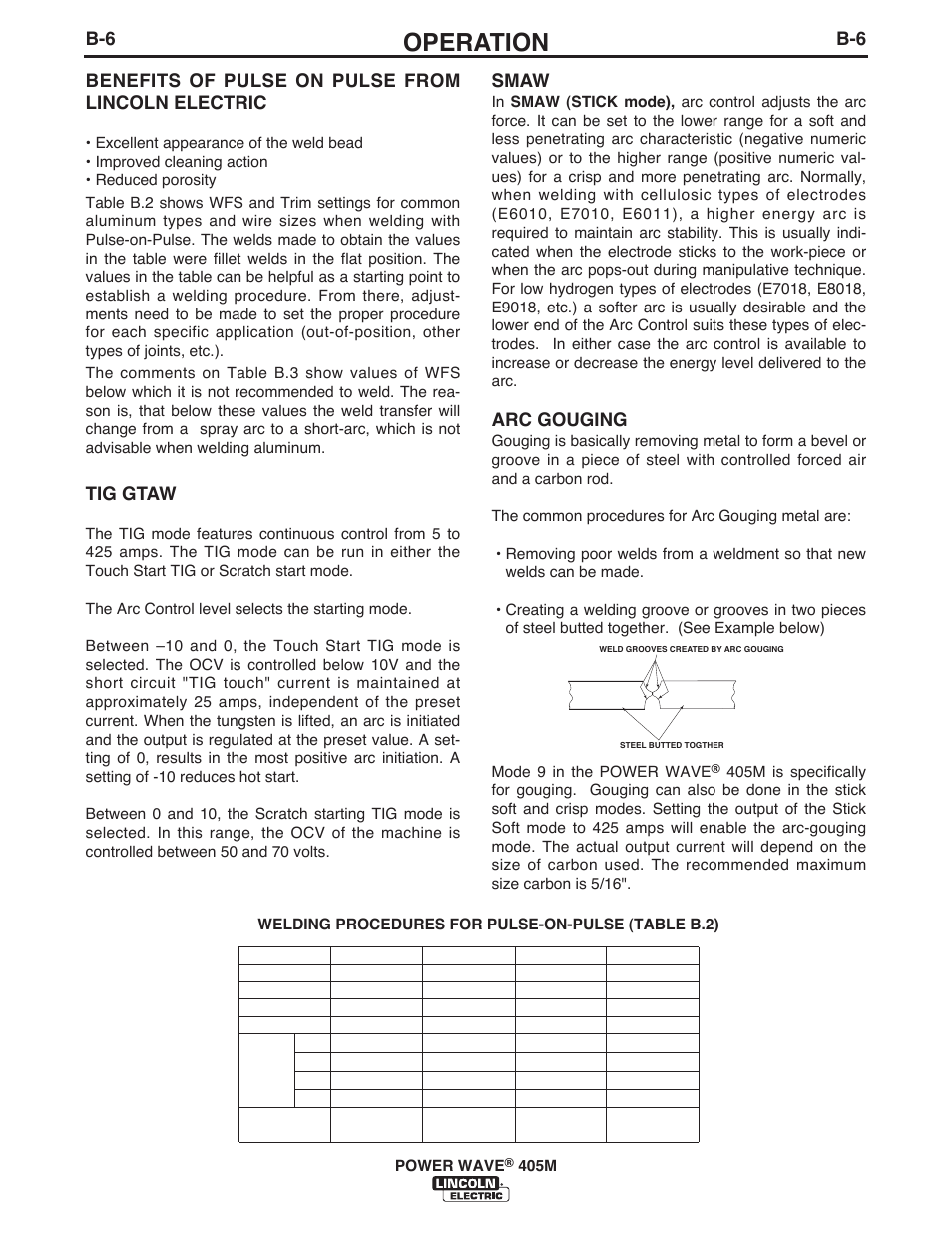 Operation, Tig gtaw, Smaw | Arc gouging, 405m, Welding procedures for pulse-on-pulse (table b.2) | Lincoln Electric IM846 POWER WAVE 405M User Manual | Page 24 / 42