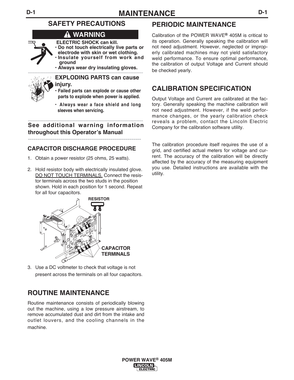 Maintenance, Safety precautions, Routine maintenance | Periodic maintenance, Calibration specification, Warning | Lincoln Electric IM846 POWER WAVE 405M User Manual | Page 27 / 42