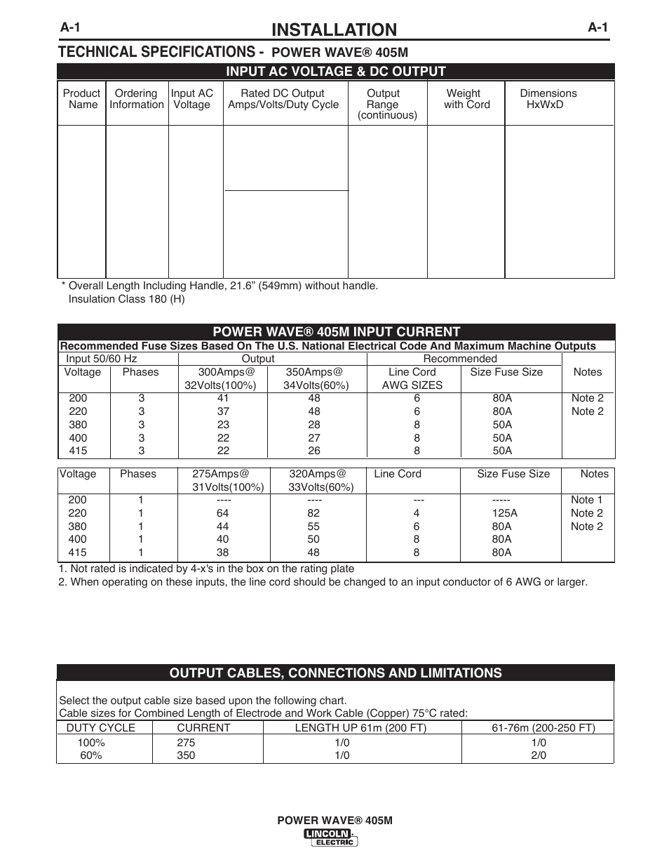 Installation, Technical specifications | Lincoln Electric IM917 POWER WAVE 405M User Manual | Page 10 / 44