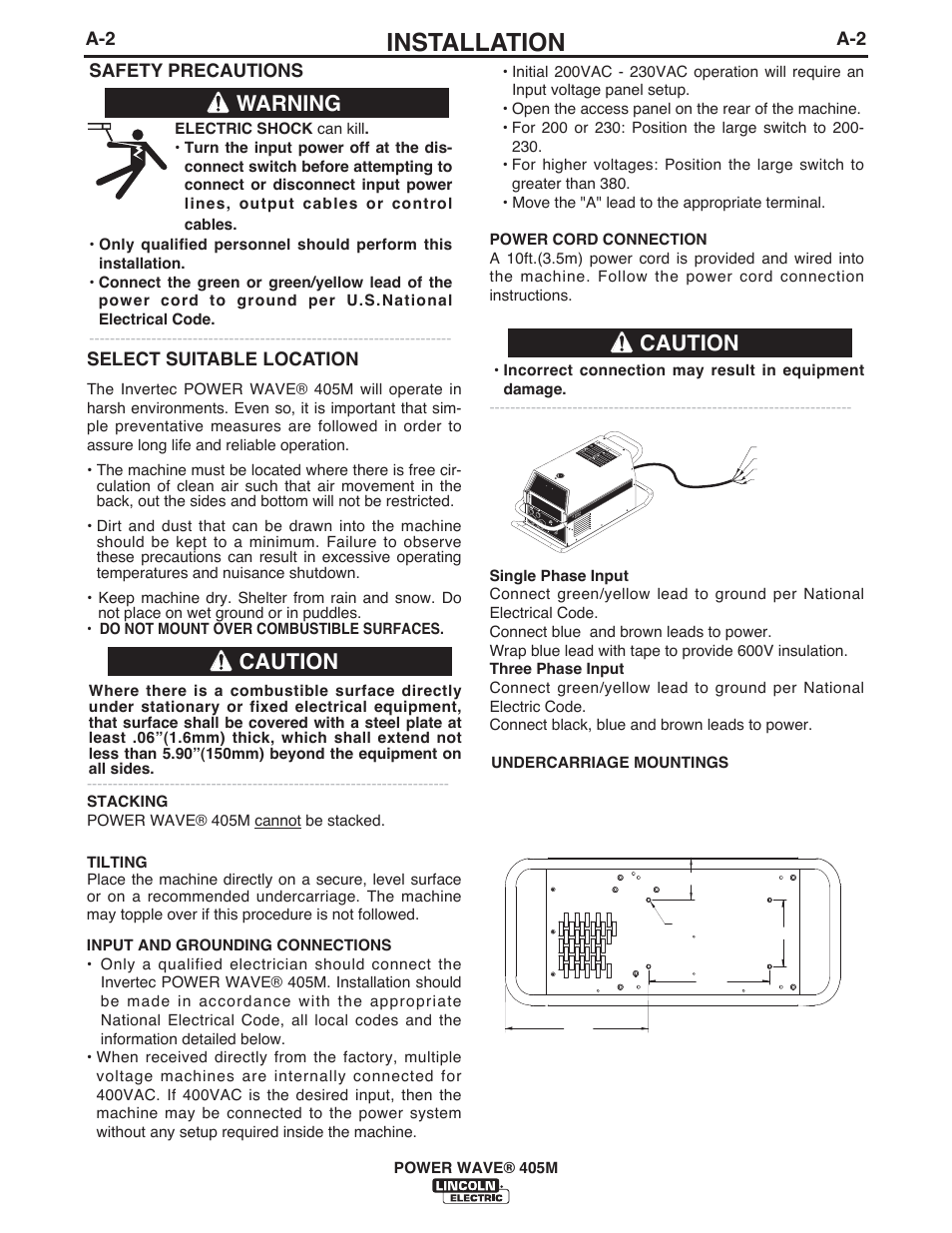 Installation, Warning, Caution | A-2 select suitable location, Safety precautions | Lincoln Electric IM917 POWER WAVE 405M User Manual | Page 11 / 44