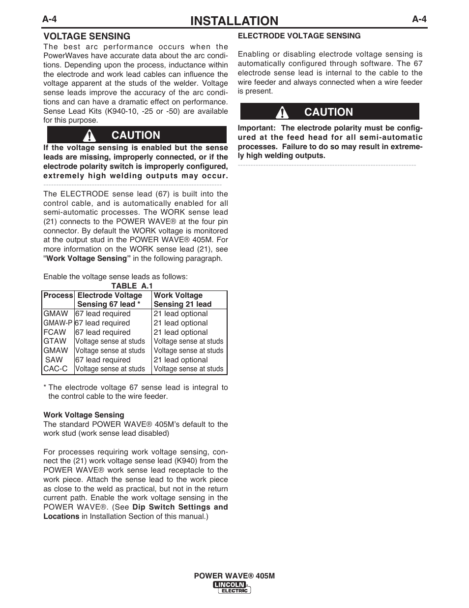 Installation, Caution | Lincoln Electric IM917 POWER WAVE 405M User Manual | Page 13 / 44