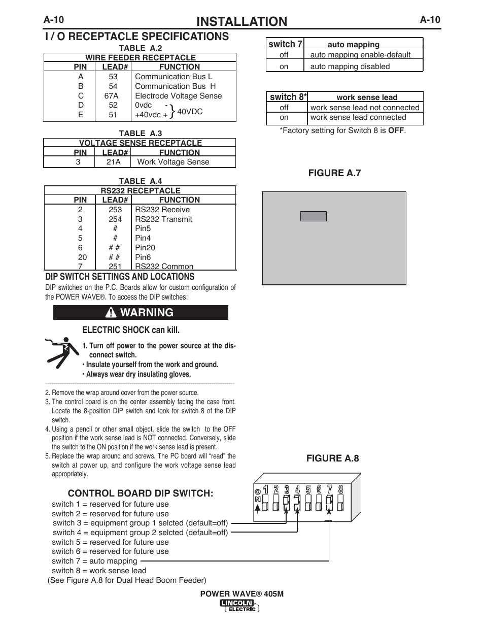 Installation, I / o receptacle specifications, Warning | Lincoln Electric IM917 POWER WAVE 405M User Manual | Page 19 / 44