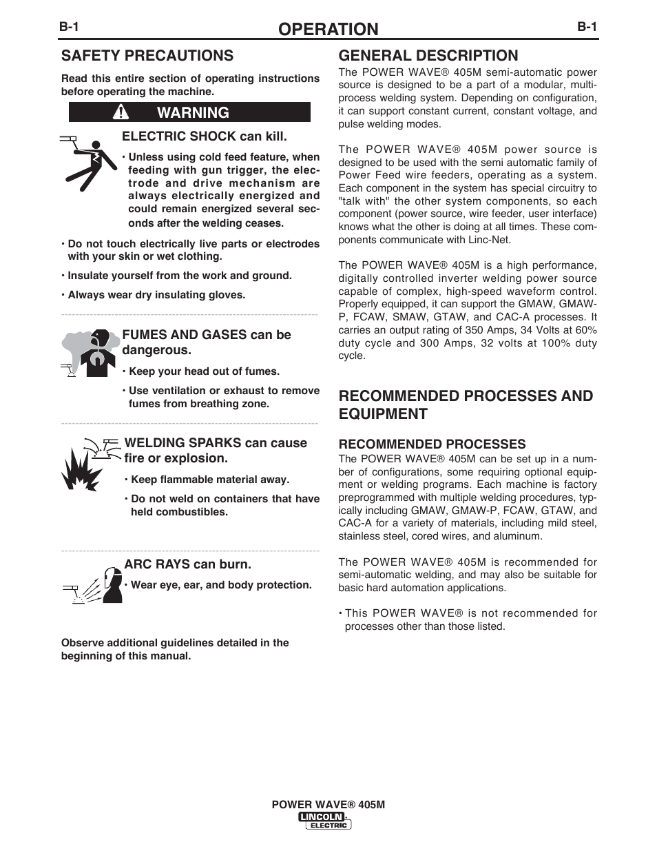 Operation, General description, Recommended processes and equipment | Safety precautions, Warning | Lincoln Electric IM917 POWER WAVE 405M User Manual | Page 20 / 44