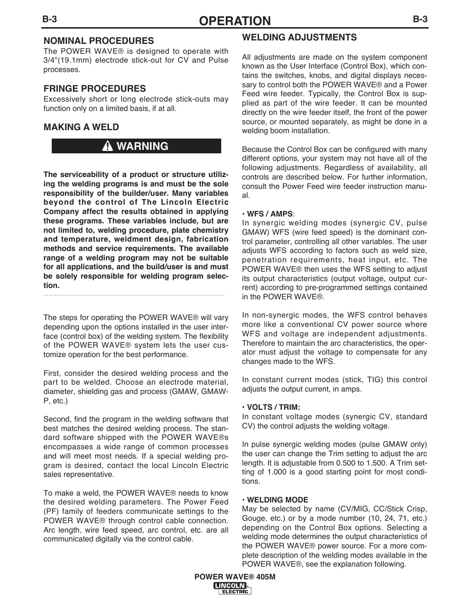 Operation, Warning | Lincoln Electric IM917 POWER WAVE 405M User Manual | Page 22 / 44