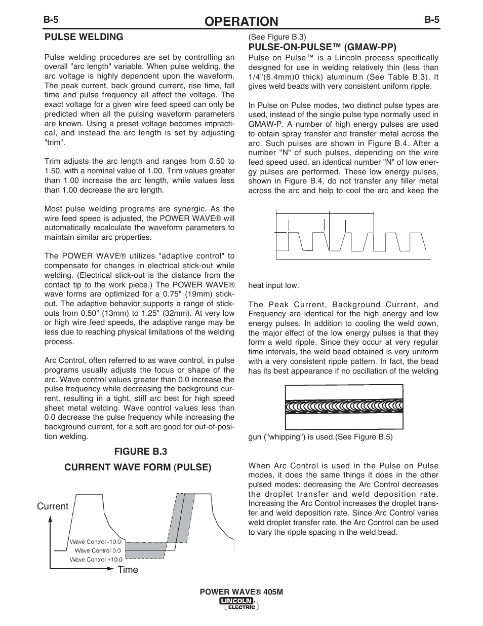 Operation, B-5 pulse welding, Figure b.3 current time current wave form (pulse) | Pulse-on-pulse™ (gmaw-pp) | Lincoln Electric IM917 POWER WAVE 405M User Manual | Page 24 / 44