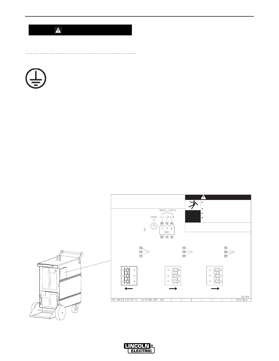 Installation, Caution, Ground connections | Input power connections, Input fuse and supply wire considerations, Input voltage reconnect procedure, Input supply connection diagram | Lincoln Electric IM579 POWER WAVE 450 User Manual | Page 10 / 53