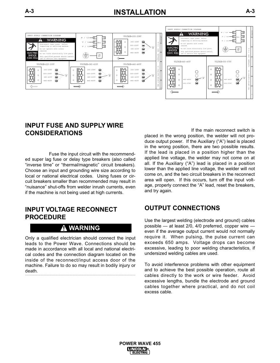 Installation, Input fuse and supply wire considerations, Input voltage reconnect procedure | Output connections, Warning, Power wave 455 | Lincoln Electric IM583 POWER WAVE 455 User Manual | Page 10 / 32