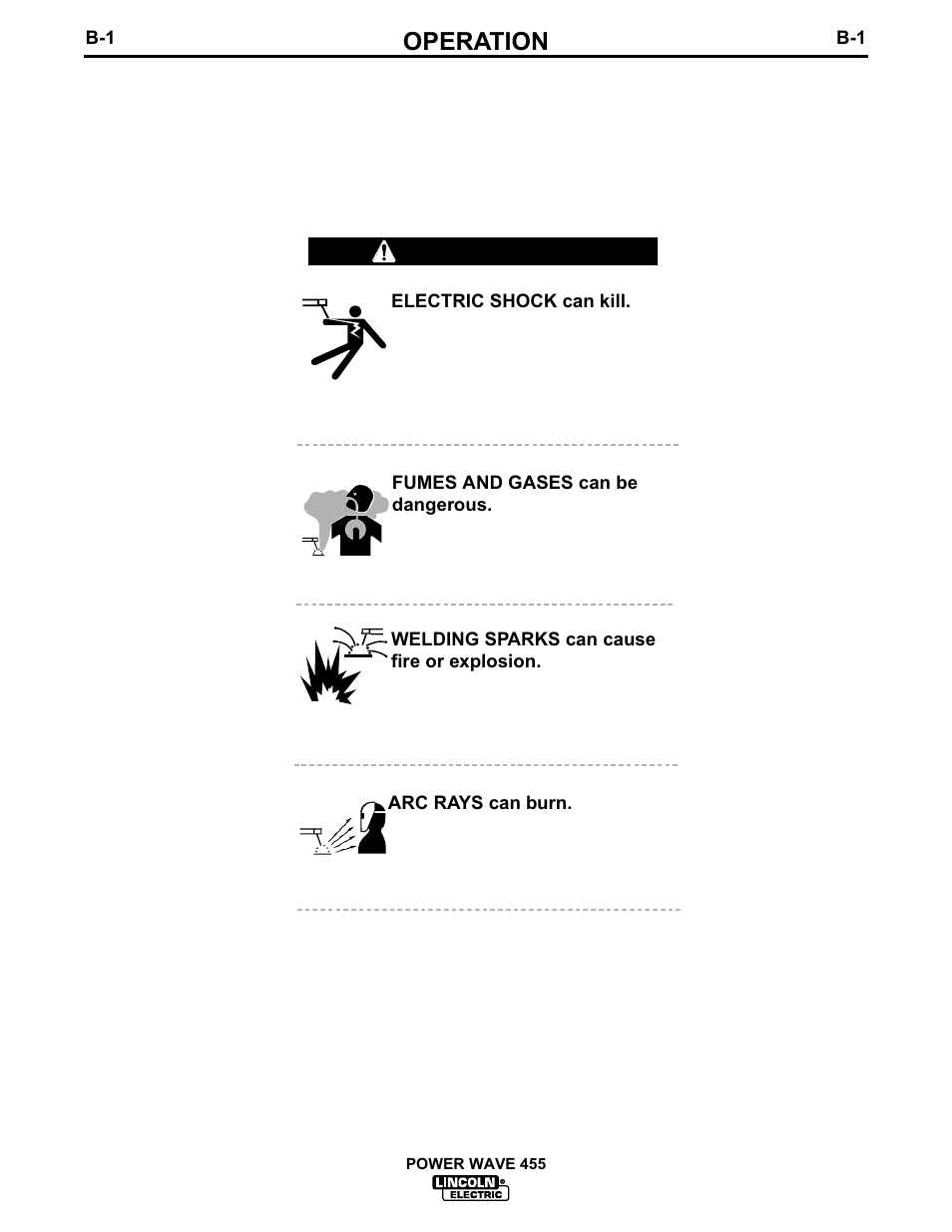 Operation, Operating instructions, Safety instructions | Warning | Lincoln Electric IM583 POWER WAVE 455 User Manual | Page 13 / 32