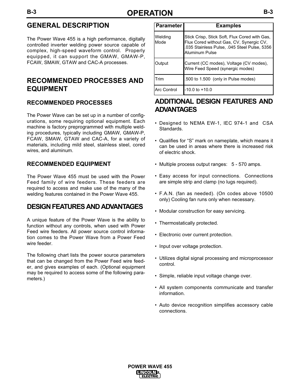 Operation, General description, Recommended processes and equipment | Design features and advantages, Additional design features and advantages | Lincoln Electric IM583 POWER WAVE 455 User Manual | Page 15 / 32