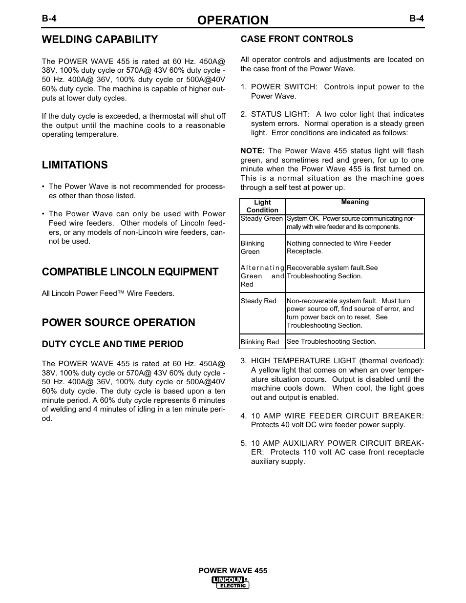 Operation, Welding capability, Limitations | Compatible lincoln equipment, Power source operation | Lincoln Electric IM583 POWER WAVE 455 User Manual | Page 16 / 32