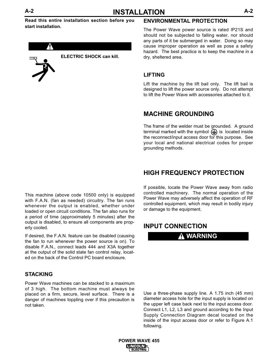 Installation, Machine grounding, High frequency protection | Input connection, Safety precautions, Select suitable location, Warning | Lincoln Electric IM583 POWER WAVE 455 User Manual | Page 9 / 32