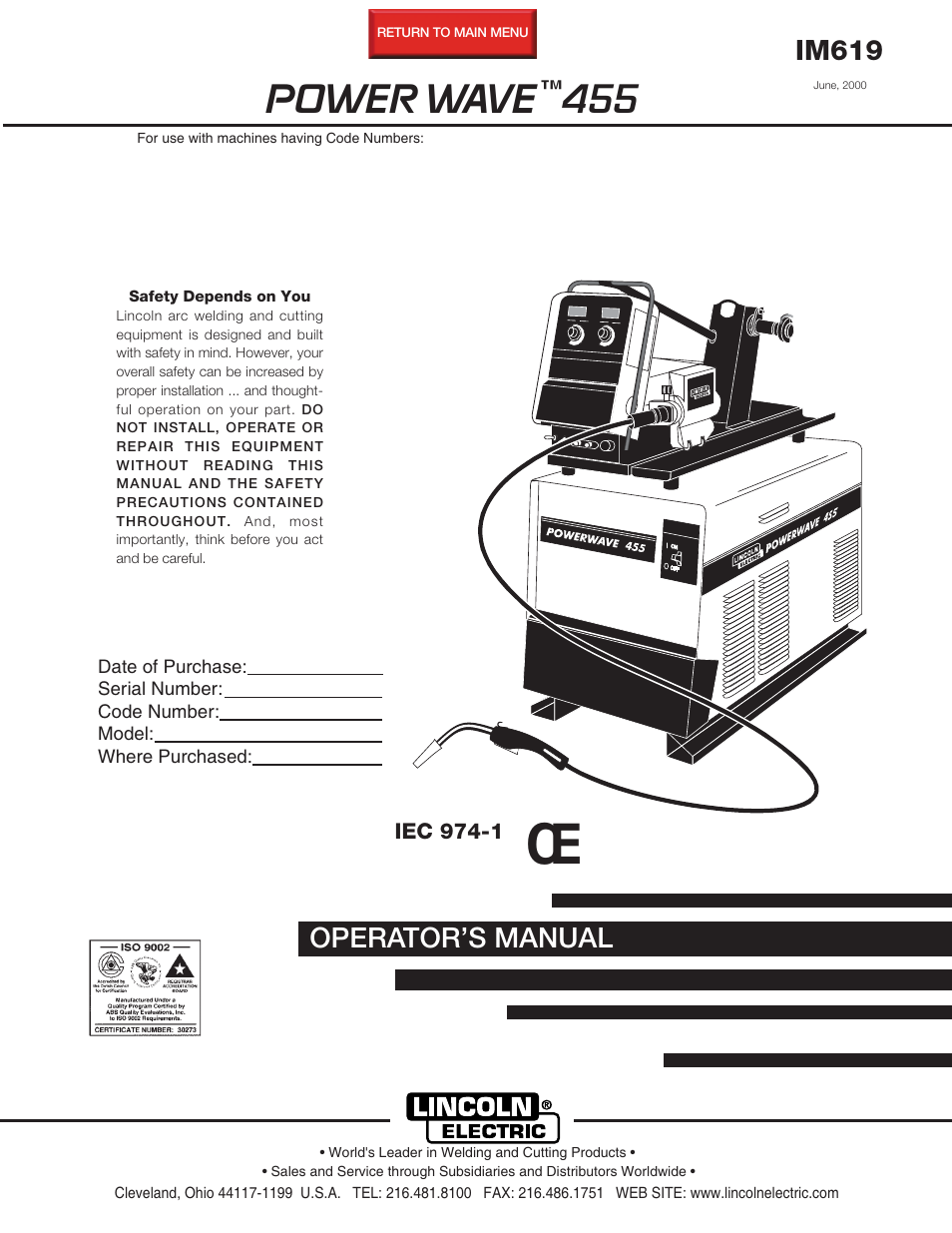 Lincoln Electric IM619 POWER WAVE 455 User Manual | 33 pages