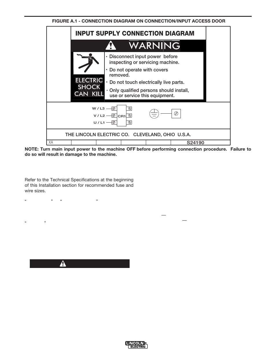 Installation, Input fuse and supply wire considerations, Input voltage connection procedure | Output connections, Warning | Lincoln Electric IM619 POWER WAVE 455 User Manual | Page 10 / 33