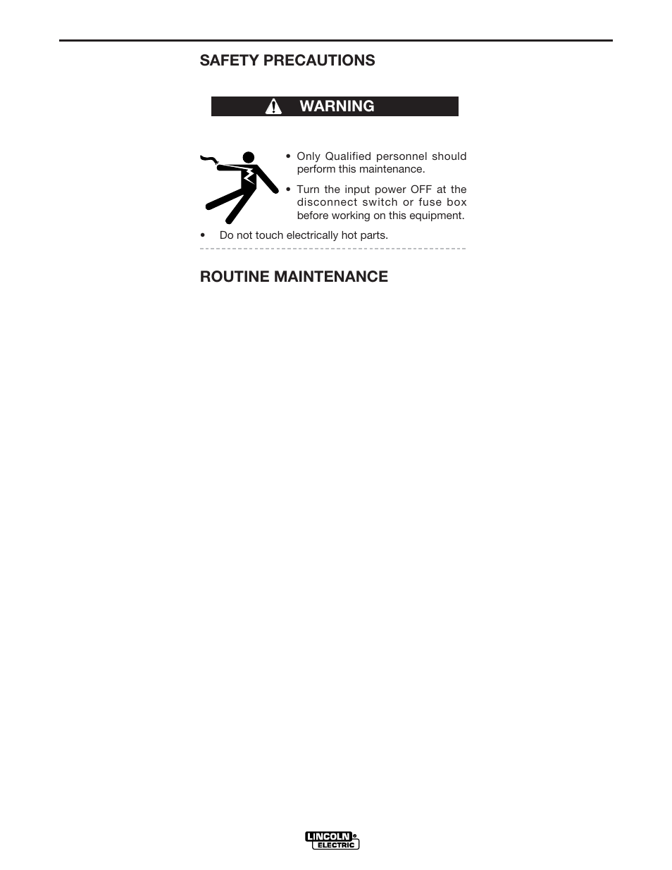 Maintenance, Safety precautions, Routine maintenance | Warning | Lincoln Electric IM619 POWER WAVE 455 User Manual | Page 20 / 33
