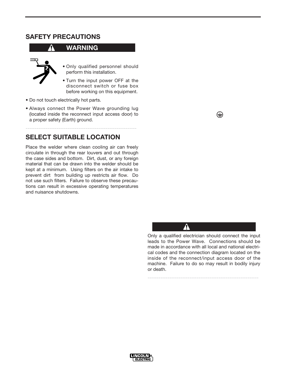 Installation, Machine grounding, High frequency protection | Input connection, Safety precautions, Select suitable location, Warning | Lincoln Electric IM619 POWER WAVE 455 User Manual | Page 9 / 33