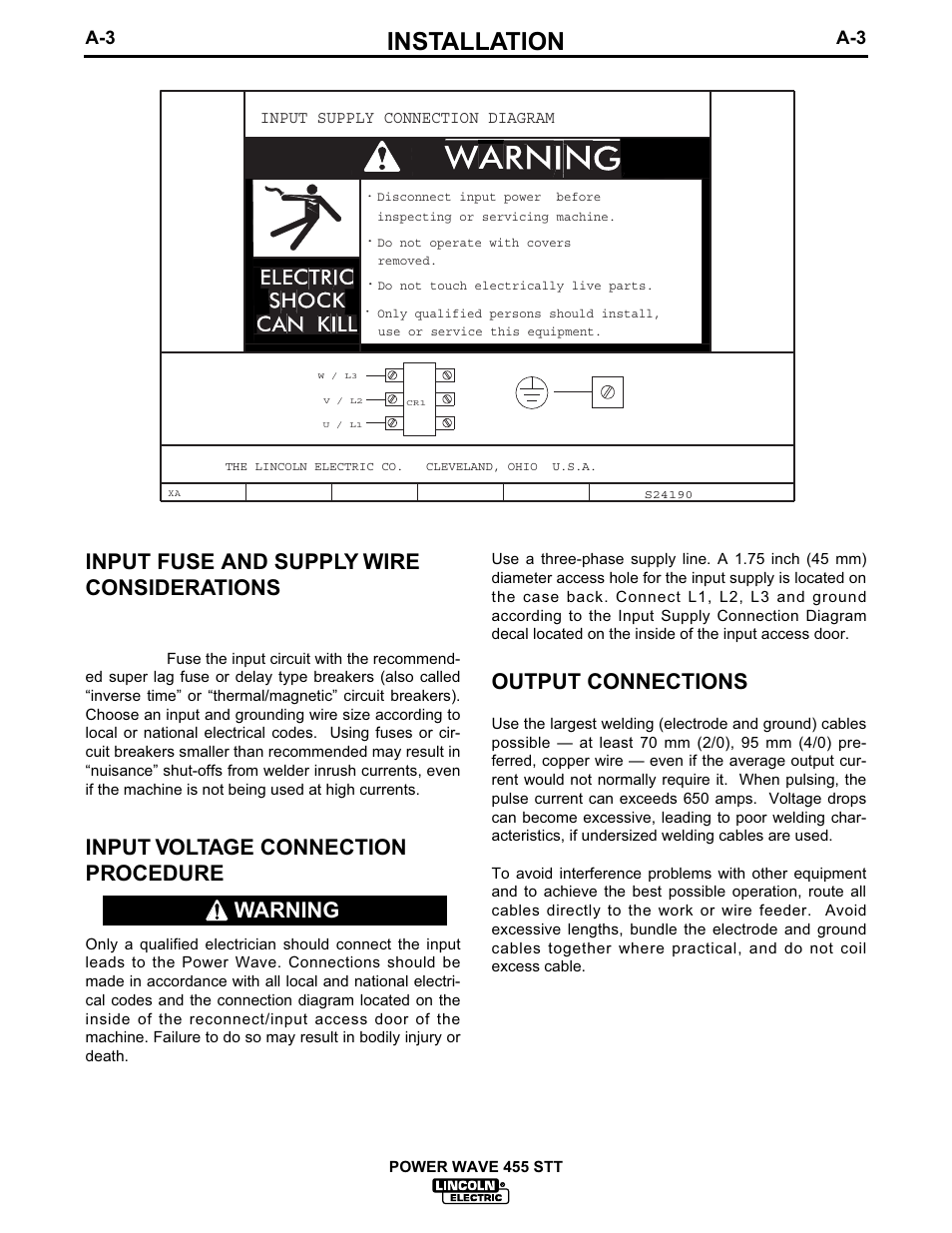 Installation, Input fuse and supply wire considerations, Input voltage connection procedure | Output connections, Warning | Lincoln Electric IM618 POWER WAVE 455STT User Manual | Page 10 / 32