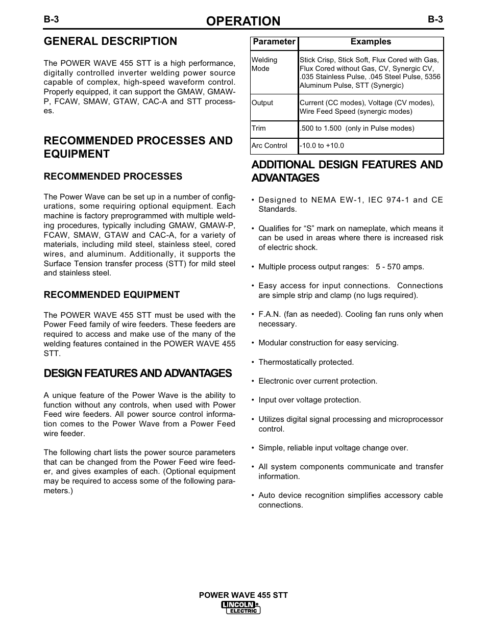Operation, General description, Recommended processes and equipment | Design features and advantages, Additional design features and advantages | Lincoln Electric IM618 POWER WAVE 455STT User Manual | Page 15 / 32
