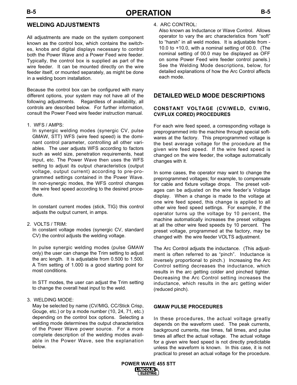 Operation | Lincoln Electric IM618 POWER WAVE 455STT User Manual | Page 17 / 32