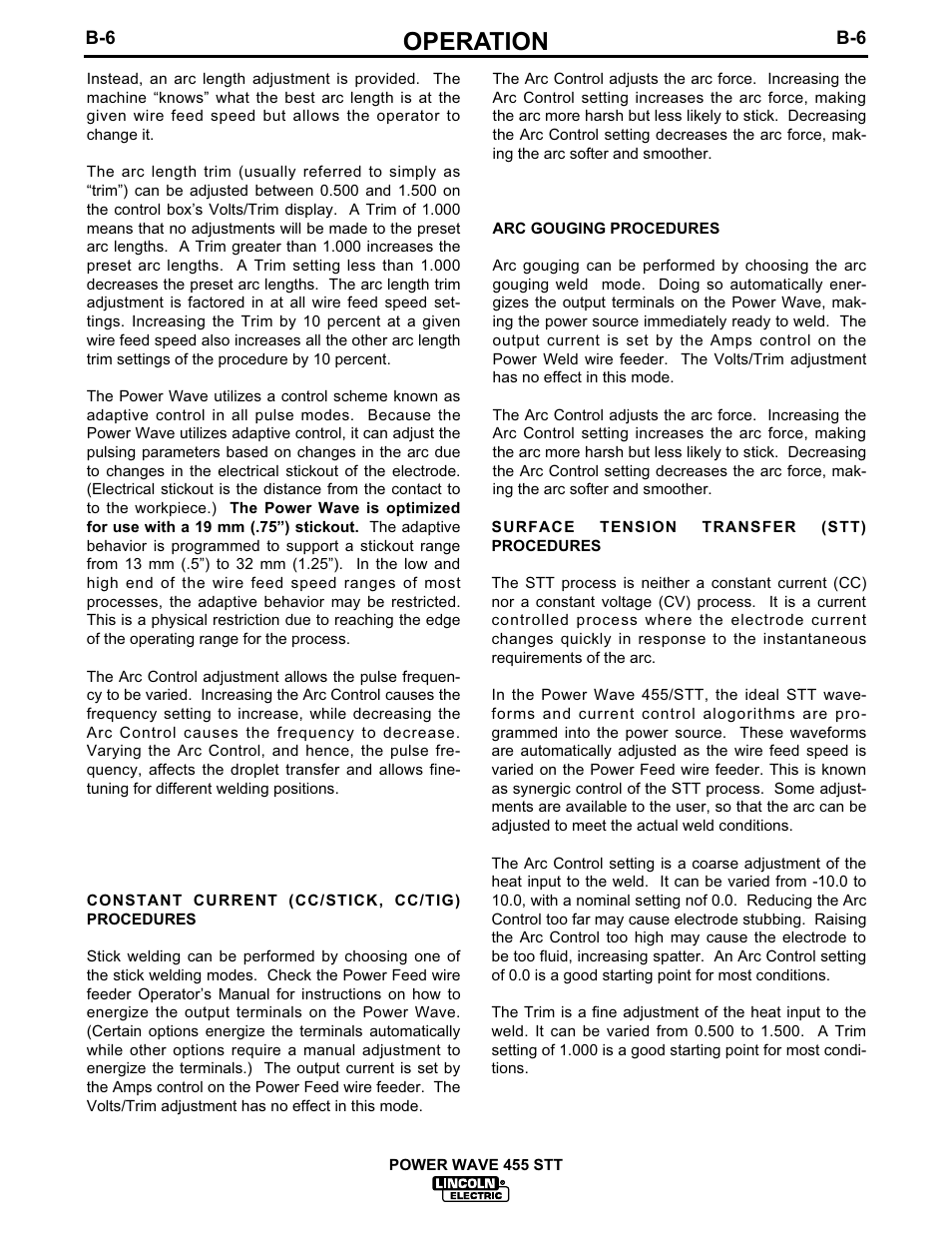Operation | Lincoln Electric IM618 POWER WAVE 455STT User Manual | Page 18 / 32