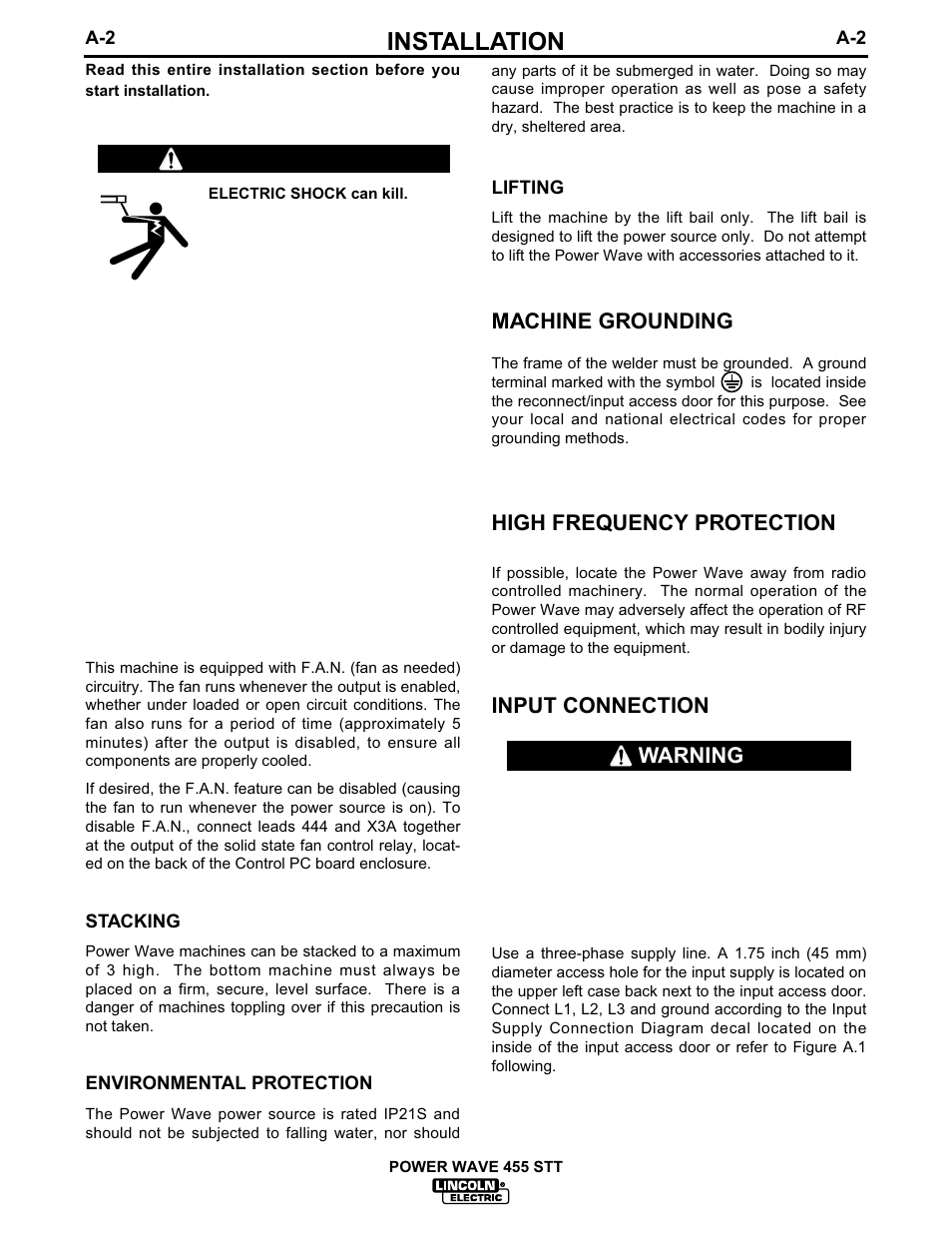 Installation, Machine grounding, High frequency protection | Input connection, Safety precautions, Select suitable location, Warning | Lincoln Electric IM618 POWER WAVE 455STT User Manual | Page 9 / 32