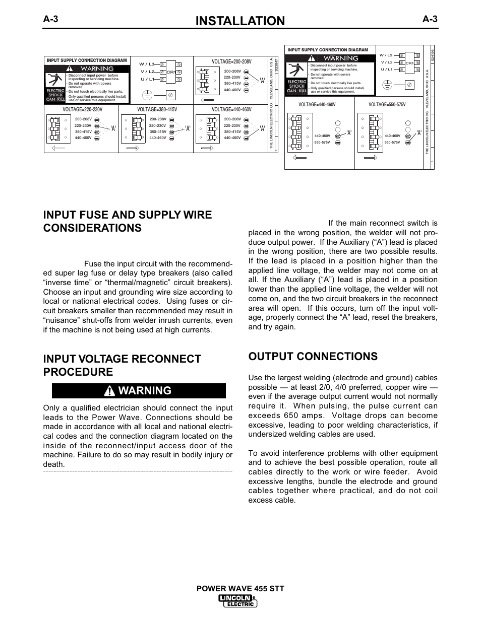 Installation, Input fuse and supply wire considerations, Input voltage reconnect procedure | Output connections, Warning, Power wave 455 stt | Lincoln Electric IM641 POWER WAVE 455STT User Manual | Page 10 / 33