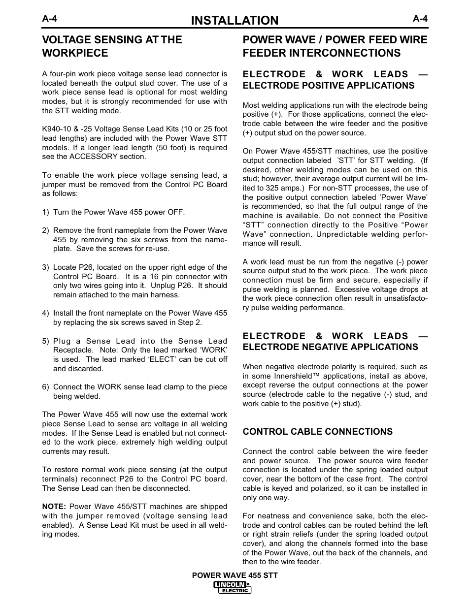 Installation, Voltage sensing at the workpiece | Lincoln Electric IM641 POWER WAVE 455STT User Manual | Page 11 / 33