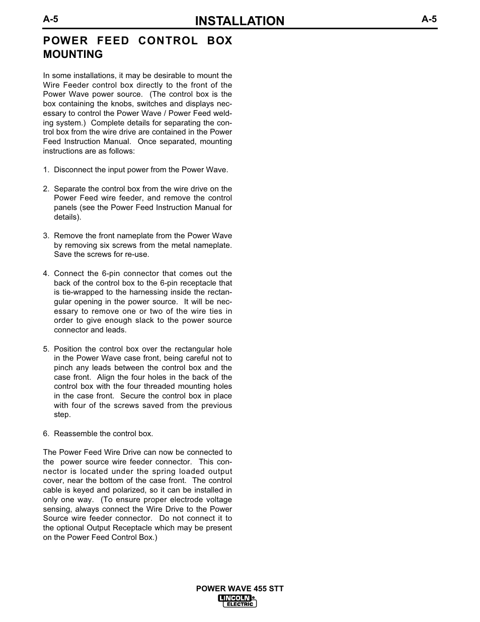 Installation, Power feed control box mounting | Lincoln Electric IM641 POWER WAVE 455STT User Manual | Page 12 / 33