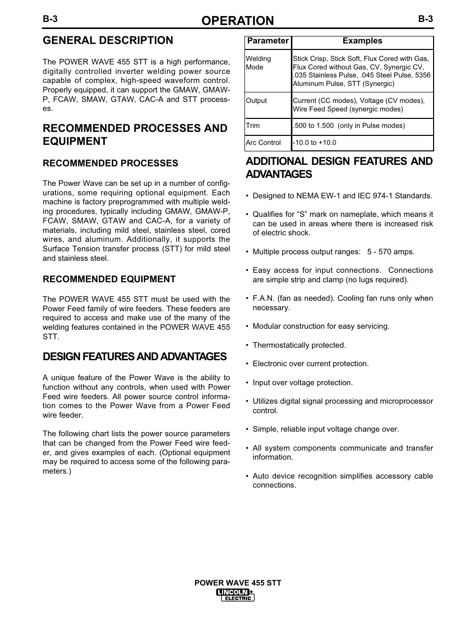 Operation, General description, Recommended processes and equipment | Design features and advantages, Additional design features and advantages | Lincoln Electric IM641 POWER WAVE 455STT User Manual | Page 15 / 33