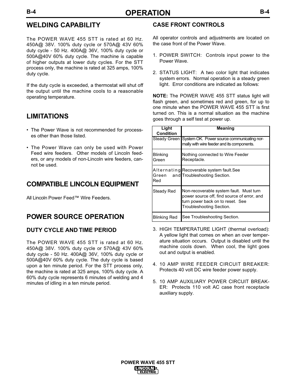 Operation, Welding capability, Limitations | Compatible lincoln equipment, Power source operation | Lincoln Electric IM641 POWER WAVE 455STT User Manual | Page 16 / 33