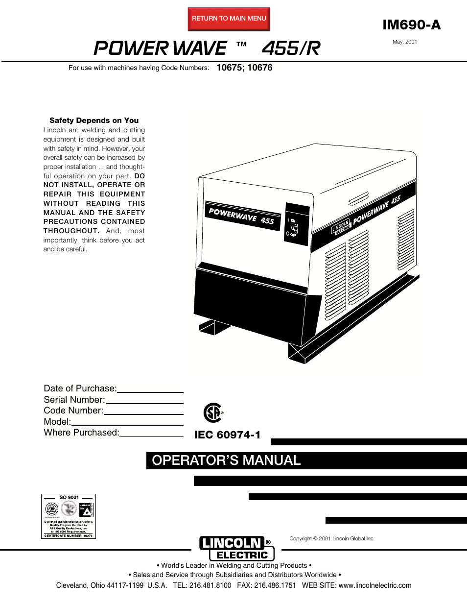 Lincoln Electric IM690 POWER WAVE 455R User Manual | 45 pages
