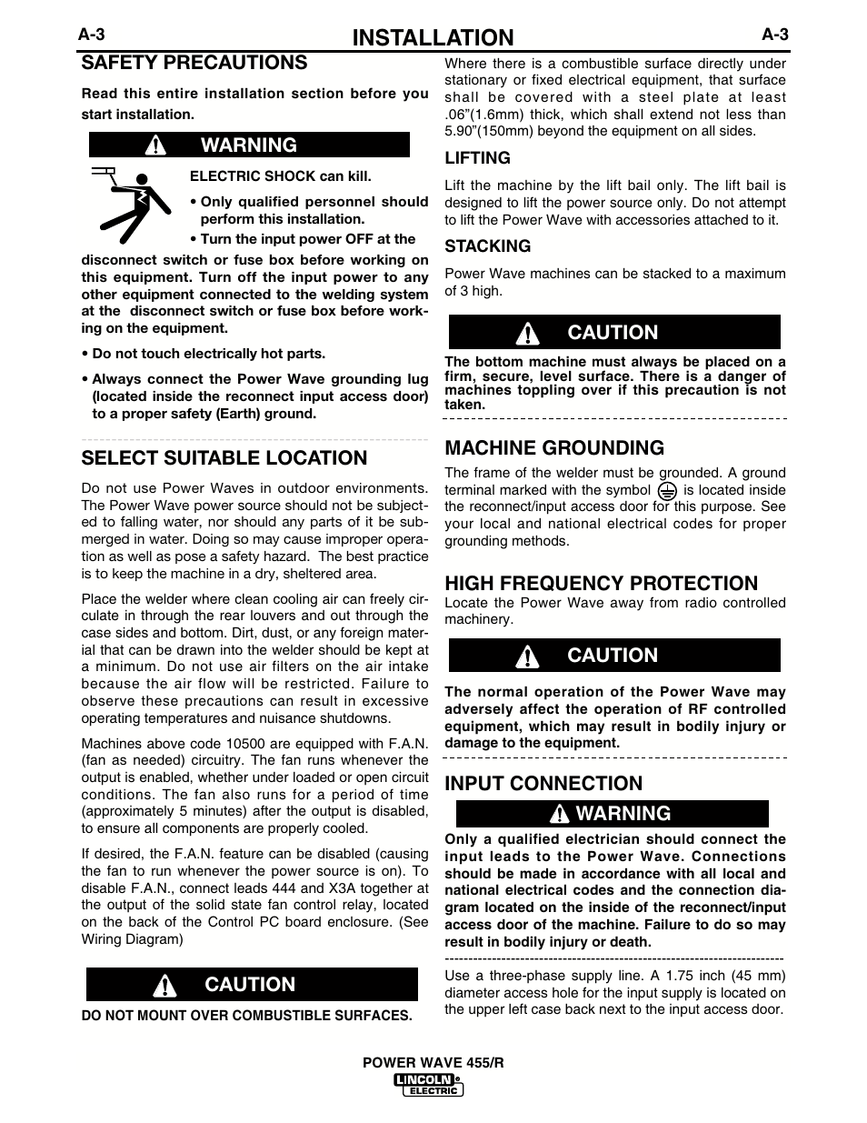 Installation, Machine grounding, High frequency protection | Input connection, Safety precautions, Select suitable location, Warning, Warning caution caution caution | Lincoln Electric IM690 POWER WAVE 455R User Manual | Page 10 / 45