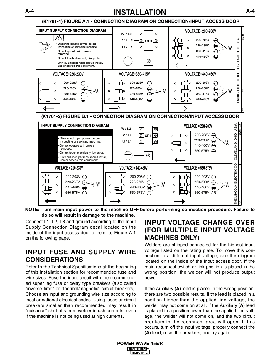 Installation, Input fuse and supply wire considerations, Warning | Power wave 455/r | Lincoln Electric IM690 POWER WAVE 455R User Manual | Page 11 / 45